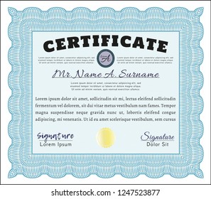 Light blue Sample Certificate. With guilloche pattern and background. Superior design. Customizable, Easy to edit and change colors. 