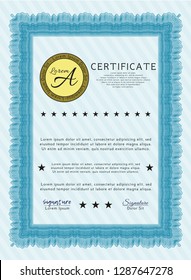 Light blue Sample Certificate. With guilloche pattern. Retro design. Vector illustration. 