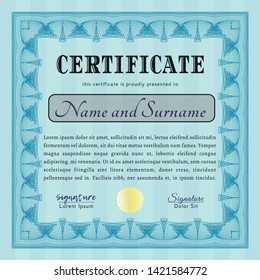 Light blue Sample Certificate. With guilloche pattern. Vector illustration. Superior design. 