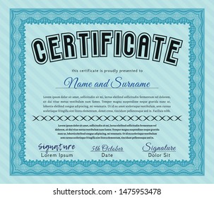 Light blue Sample Certificate. With guilloche pattern. Vector illustration. Money Pattern design. 