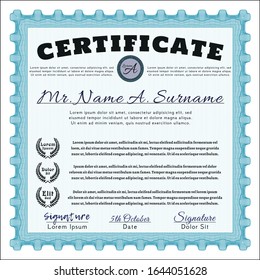 Certificado de ejemplo azul claro. Con patrón guilloche y fondo. Personalizable, Fácil de editar y cambiar de color. Diseño cordial. 