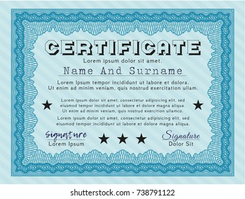 Light blue Sample Certificate. With guilloche pattern. Vector illustration. Beauty design. 