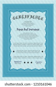 Light blue Sample Certificate. With linear background. Money style design. Vector illustration. 