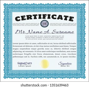 Light blue Sample Certificate. With linear background. Superior design. Vector illustration. 