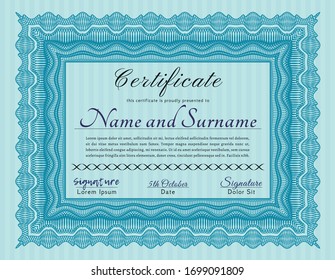 Light blue Sample Certificate. With linear background. Vector illustration. Lovely design. 