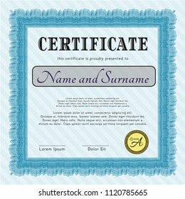 Light blue Sample Certificate. Modern design. Complex background. Detailed. 