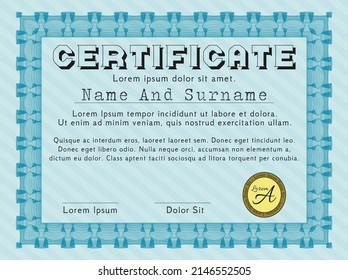 Certificado de ejemplo azul claro.  Diseño moderno.  Con un fondo complejo.  Detallado. 