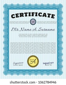 Light blue Sample Certificate. Money Pattern design. Printer friendly. Customizable, Easy to edit and change colors. 