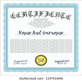 Light blue Sample Certificate. Money style design. Detailed. With background. 
