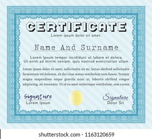 Light blue Sample Certificate. Money style design. Vector illustration. With quality background. 
