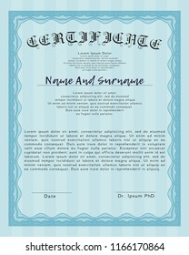 Light blue Sample Certificate. Money Pattern design. Customizable, Easy to edit and change colors. With great quality guilloche pattern. 