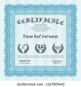 Light blue Sample Certificate. Money style design. With complex linear background. Customizable, Easy to edit and change colors. 