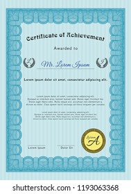 Light blue Sample Certificate. Money design. With guilloche pattern. Detailed. 