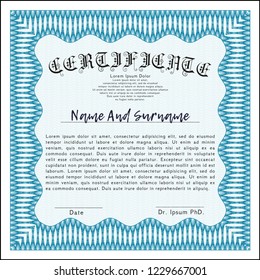 Light blue Sample Certificate. Money design. With quality background. Detailed. 