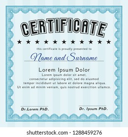 Light blue Sample Certificate. Money design. With guilloche pattern and background. Vector illustration. 