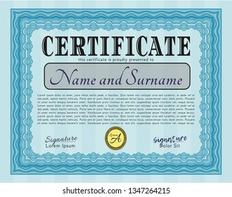 Light blue Sample Certificate. Money style design. With guilloche pattern and background. Vector illustration. 