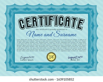 Light blue Sample Certificate. Money style design. With linear background. Detailed. 