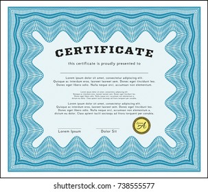 Light blue Sample Certificate. Money Pattern design. With complex linear background. Customizable, Easy to edit and change colors. 