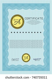 Light blue Sample Certificate. Money design. Detailed. Printer friendly. 