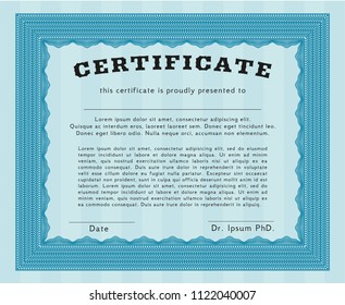 Light blue Sample Certificate. Perfect design. Detailed. With guilloche pattern. 