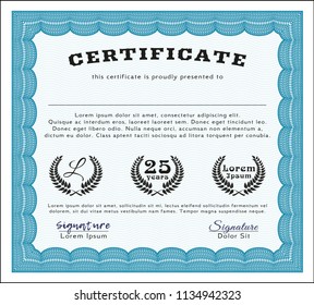 Light blue Sample Certificate. Perfect design. With background. Detailed. 