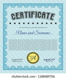 Light blue Sample Certificate. Perfect design. With great quality guilloche pattern. Detailed. 