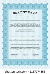 Light blue Sample Certificate. Printer friendly. Vector illustration. Perfect design. 