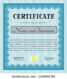 Light blue Sample Certificate. Printer friendly. Vector illustration. Money style design. 