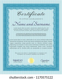 Light blue Sample Certificate. Retro design. Vector illustration. With great quality guilloche pattern. 