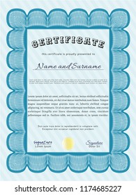 Light blue Sample Certificate. Retro design. With guilloche pattern and background. Customizable, Easy to edit and change colors. 