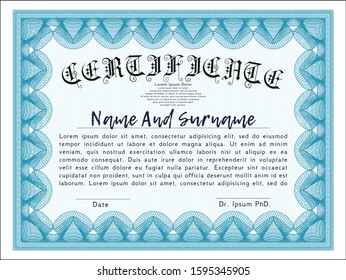 Light blue Sample Certificate. Retro design. Vector illustration. With guilloche pattern and background. 