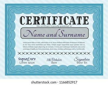 Light blue Sample Certificate. Sophisticated design. With linear background. Vector illustration. 
