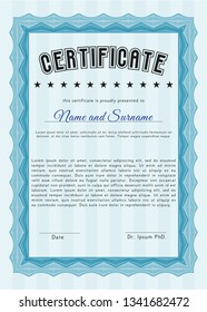 Light blue Sample Certificate. Sophisticated design. Printer friendly. Detailed. 