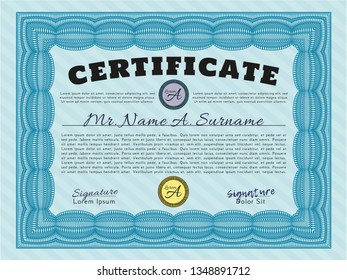Light blue Sample Certificate. Sophisticated design. Customizable, Easy to edit and change colors. With complex background. 