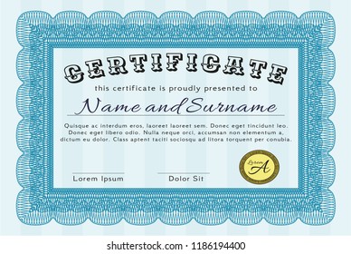 Light blue Sample Certificate. Superior design. Vector illustration. With linear background. 