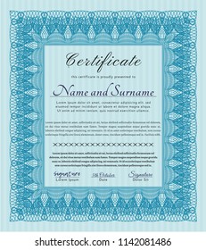 Light blue Sample Certificate. Vector illustration. Easy to print. Artistry design. 