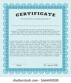 Light blue Sample Certificate. Vector illustration. With complex linear background. Retro design. 