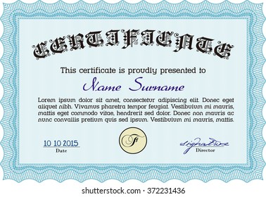 Light blue Sample Certificate. Vector pattern that is used in money and certificate. With quality background. Artistry design. 