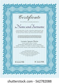 Light blue Sample Certificate. Vector illustration. With complex background. Retro design. 