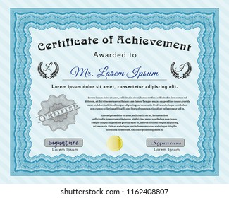 Light blue Sample Diploma. Artistry design. With complex background. Vector illustration. 