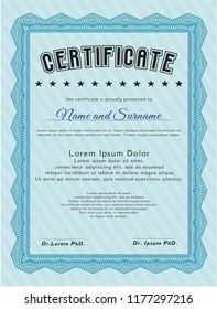 Light blue Sample Diploma. Artistry design. Detailed. Complex background. 