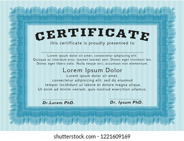 Light blue Sample Diploma. Artistry design. With complex linear background. Detailed. 
