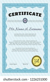 Light blue Sample Diploma. Artistry design. Detailed. Easy to print. 