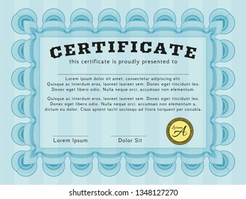 Light blue Sample Diploma. With background. Customizable, Easy to edit and change colors. Good design. 
