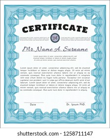 Light blue Sample Diploma. Beauty design. With great quality guilloche pattern. Vector illustration. 