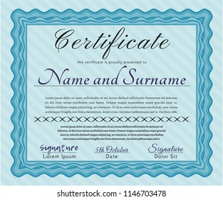 Light blue Sample Diploma. With complex linear background. Superior design. Detailed. 