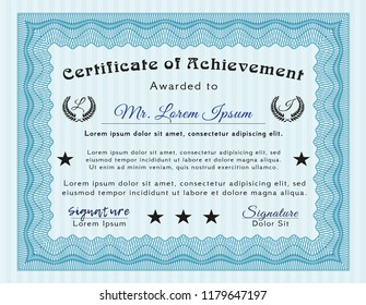 Light blue Sample Diploma. Complex background. Vector illustration. Sophisticated design. 