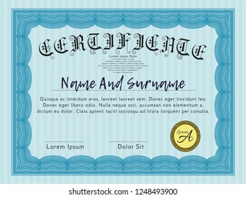 Light blue Sample Diploma. With complex background. Cordial design. Detailed. 