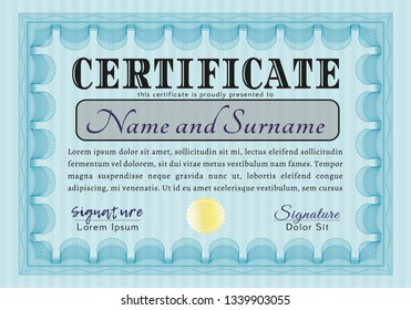 Light blue Sample Diploma. With complex background. Customizable, Easy to edit and change colors. Excellent design. 