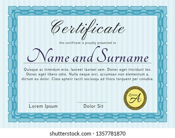 Light blue Sample Diploma. With complex linear background. Customizable, Easy to edit and change colors. Elegant design. 